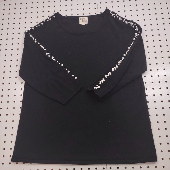 Carol Rose Black Thin Knit Sweater with Pearl Detailing Down Sleeves, Size Large - Picture 1 of 7